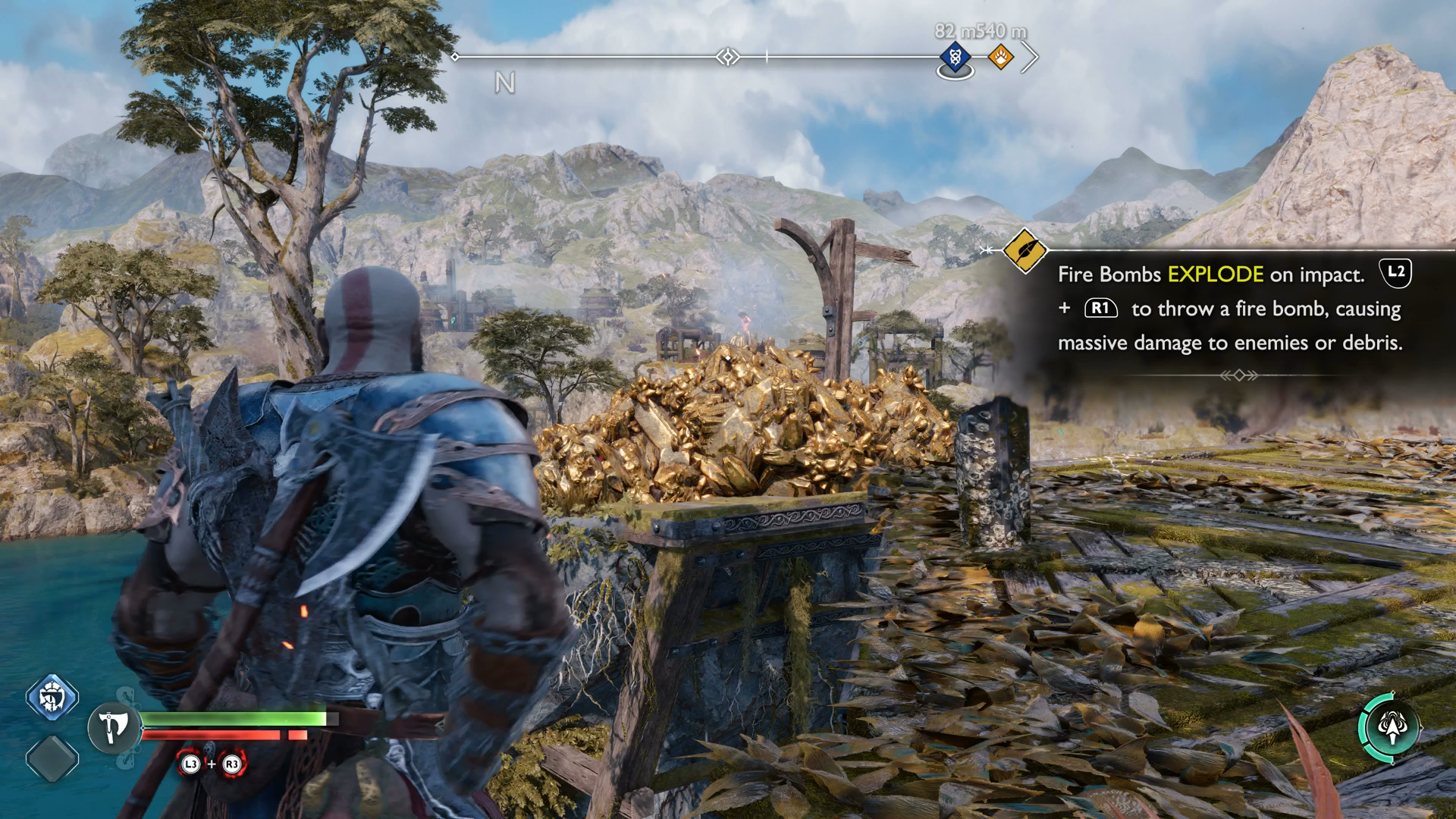 Kratos using a firebomb to destroy a deposit of golden rocks in God of War Ragnarok
