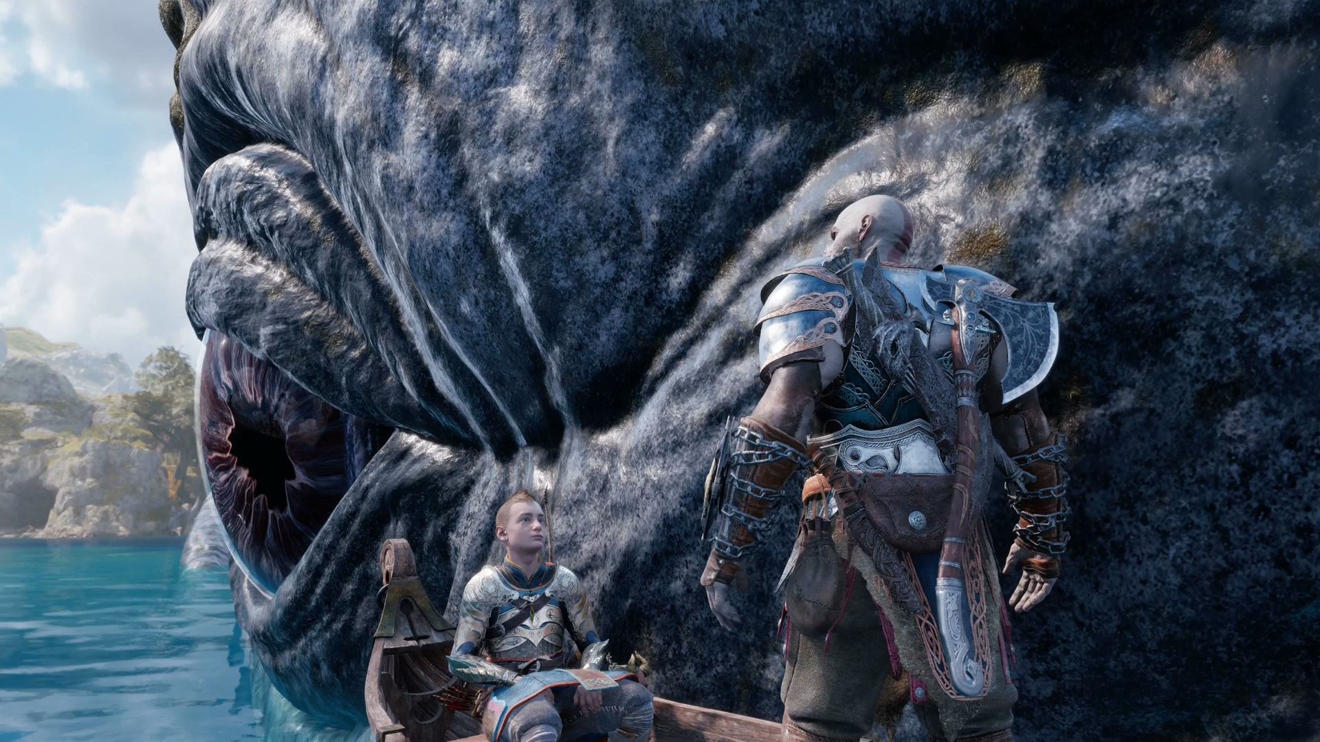 Kratos, Atreus and Mimir sail up alongside the Lyngbakr during The Weight of Chains in God of War Ragnarok
