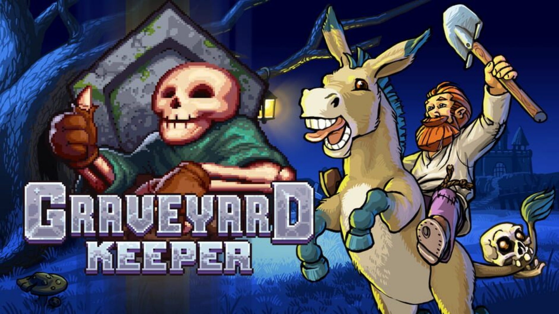 A skull, Gerry, sits over the Graveyard Keeper logo with the unnamed Keeper riding a donkey while holding a shovel beside him.