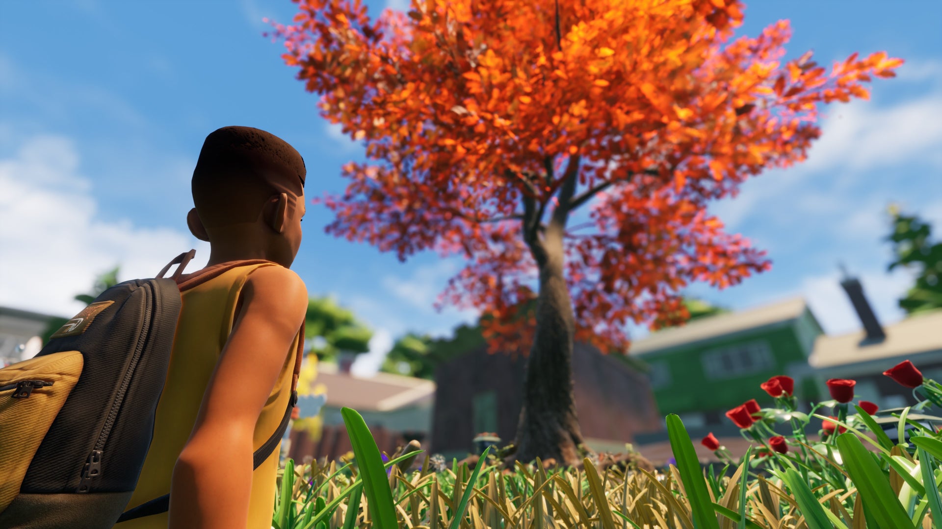 A player, shrunken down to the size of an insect, stands in a garden and looks up at a tree in Grounded.