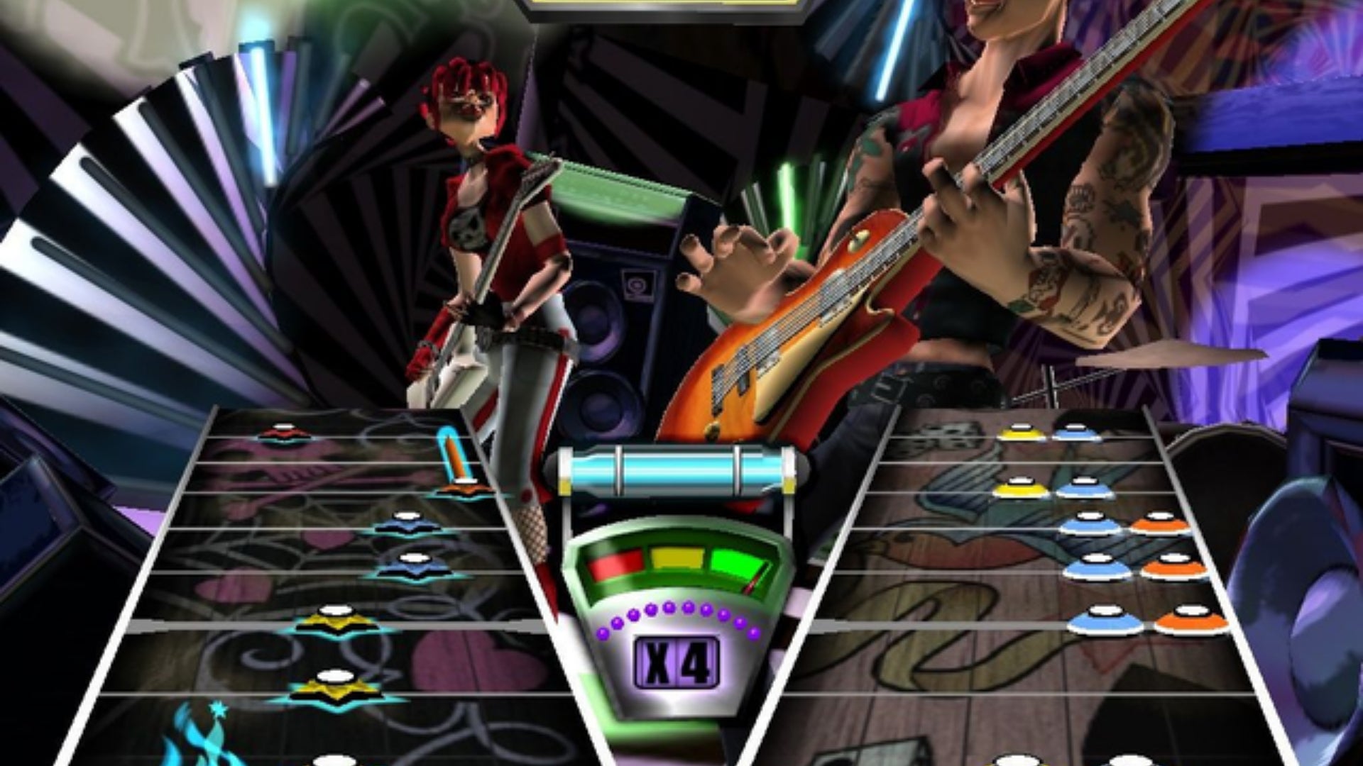 A screenshot of two players playing co-op in Guitar Hero 2