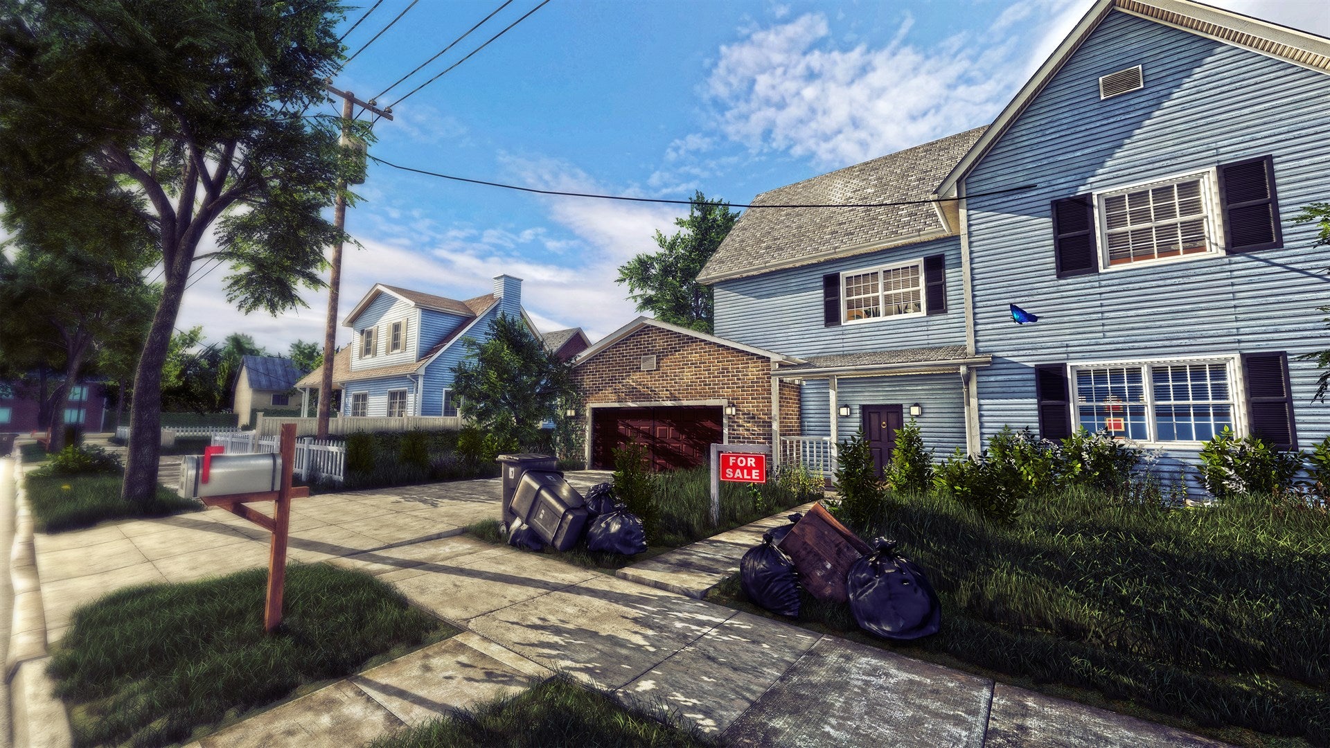 A first-person view of the exterior of a house that has been renovated in House Flipper.
