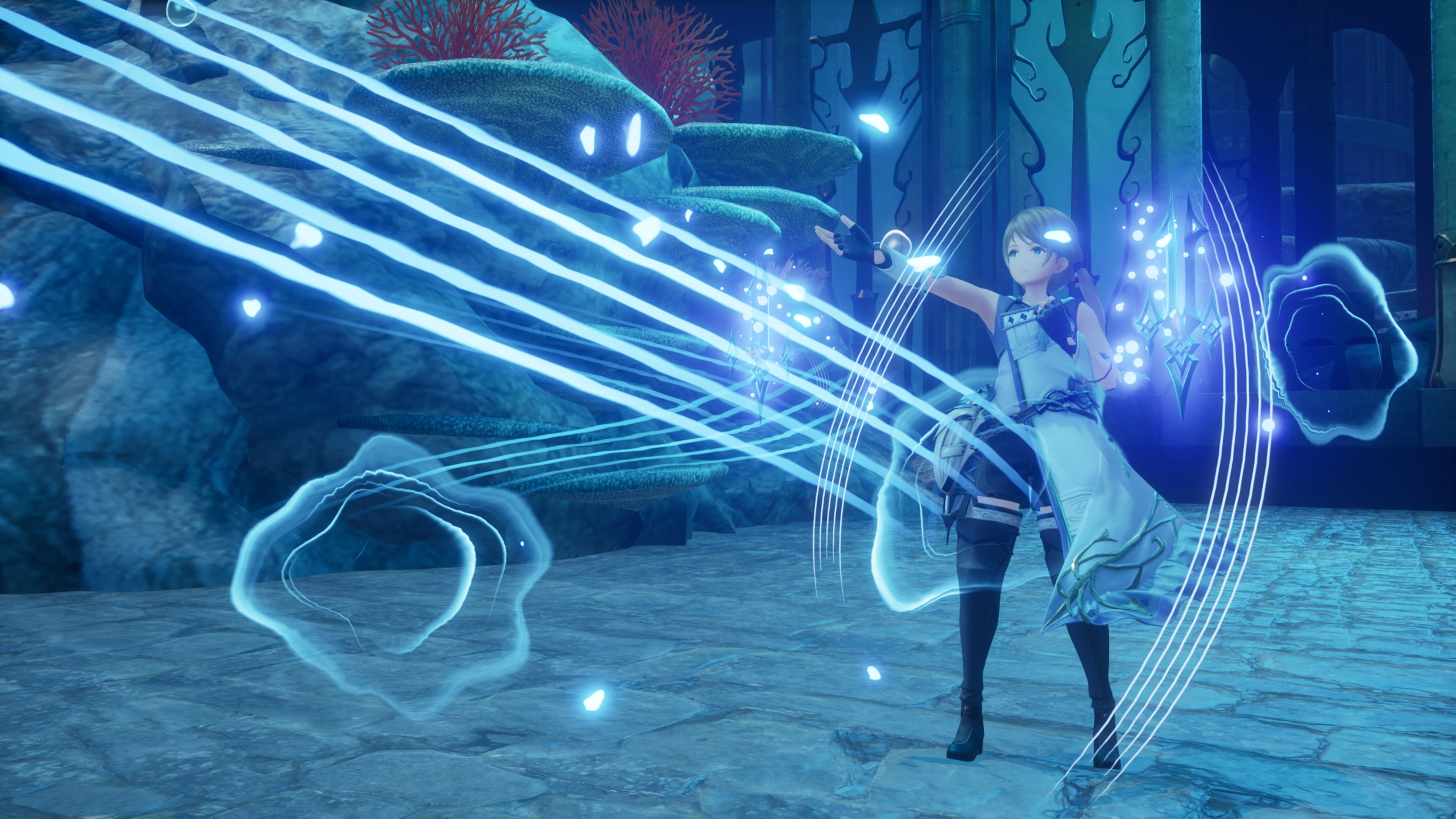A character of the Woglinde combat class is casting spells in Harvestella
