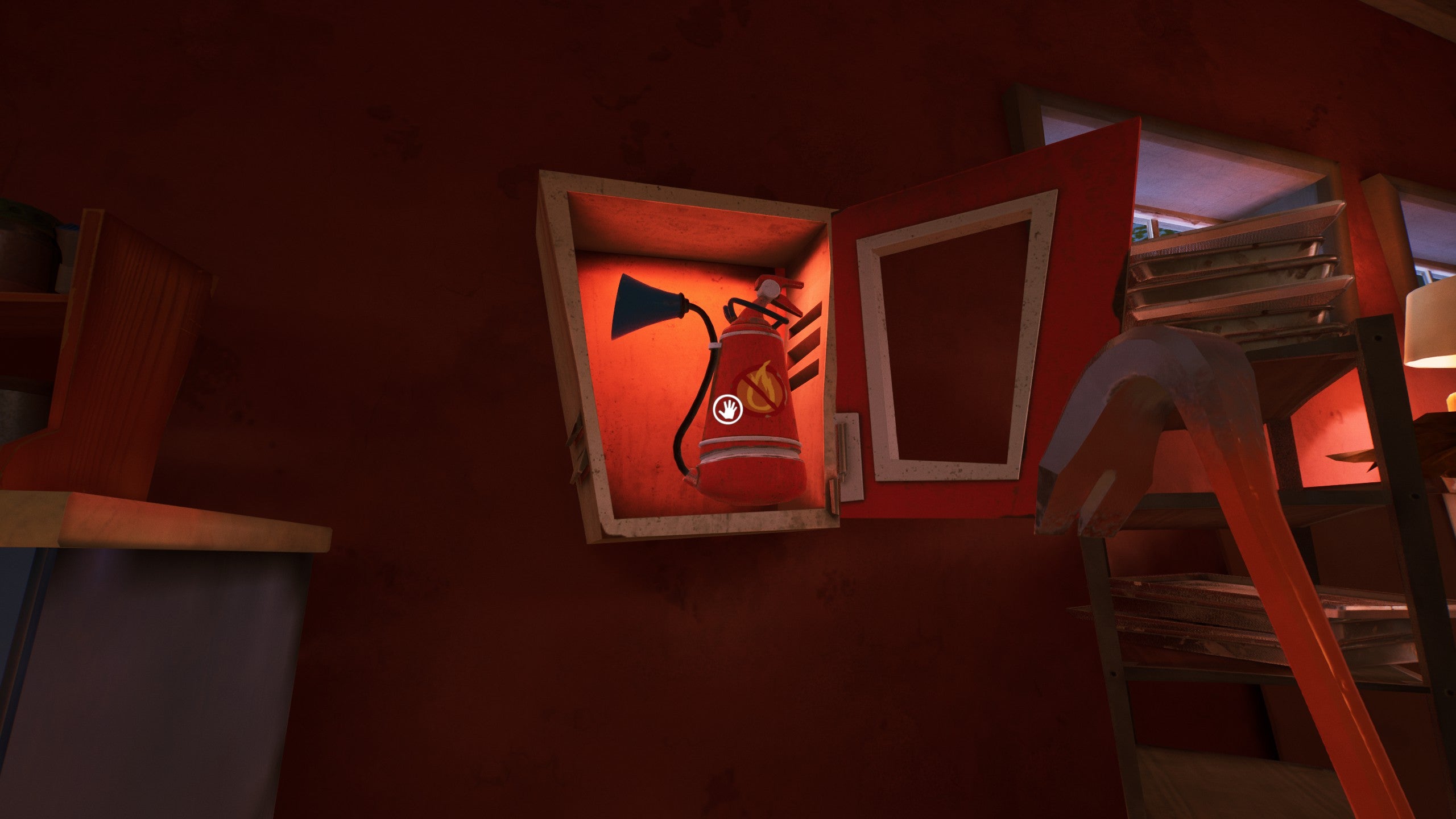 A cabinet with a fire extinguisher inside in the bakery in Hello Neighbor 2