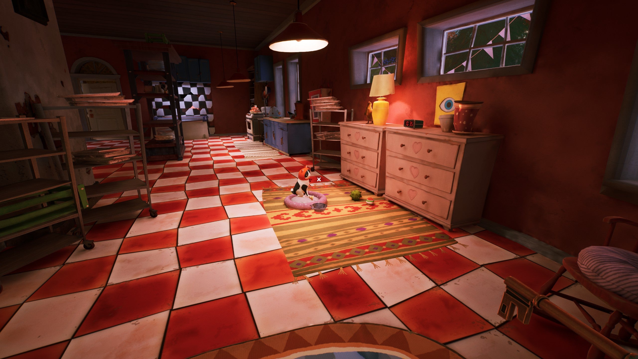 A cat clanking its food bowl in the bakery in Hello Neighbor 2