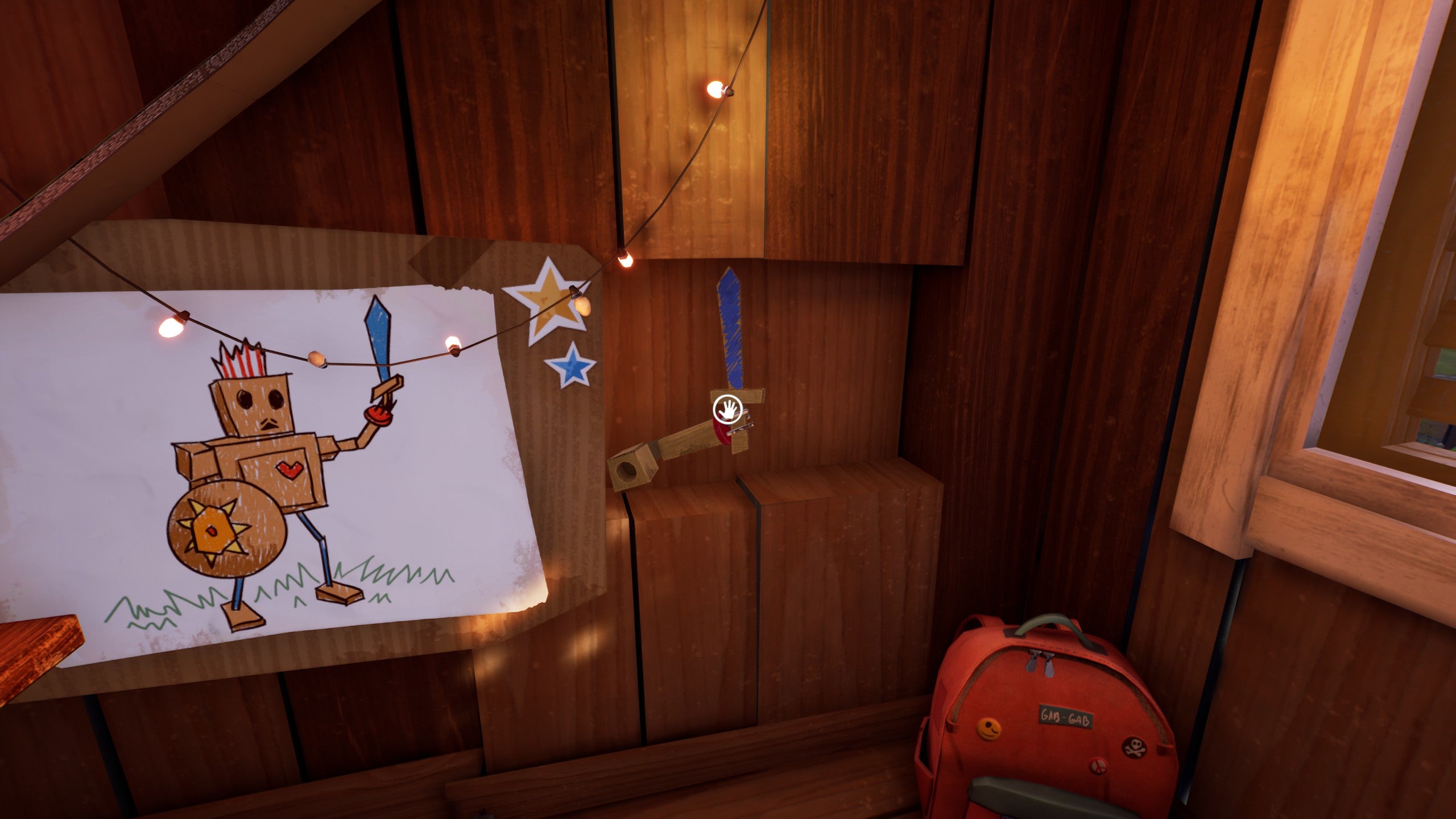 A hidden compartment behind a picture of a robot in Hello Neighbor 2