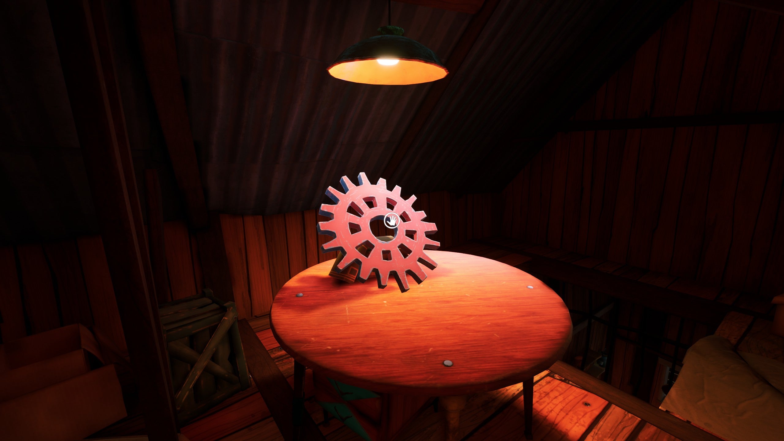 A red cog on a table in the barn in Hello Neighbor 2