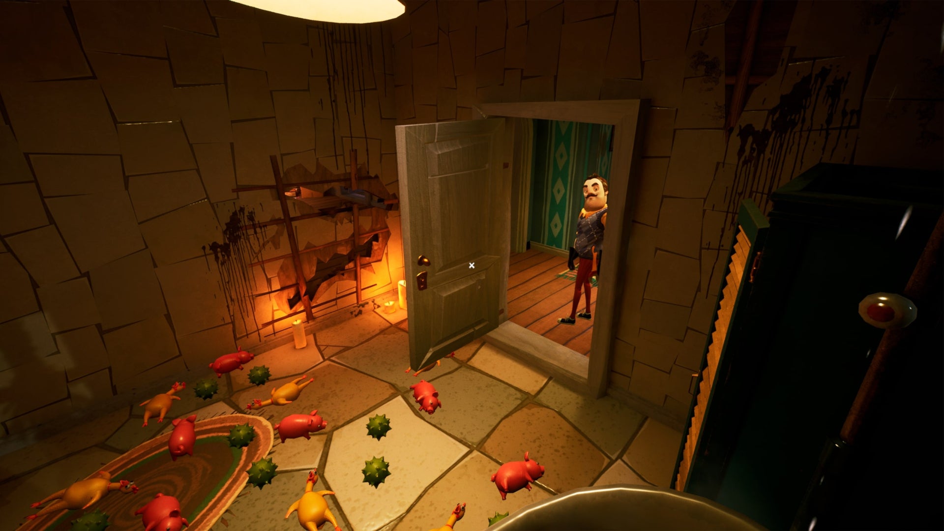Theodore Peterson, in the Hello Neighbour 2 demo, looks into a bathroom with a floor covered in... pig statues of sorts?
