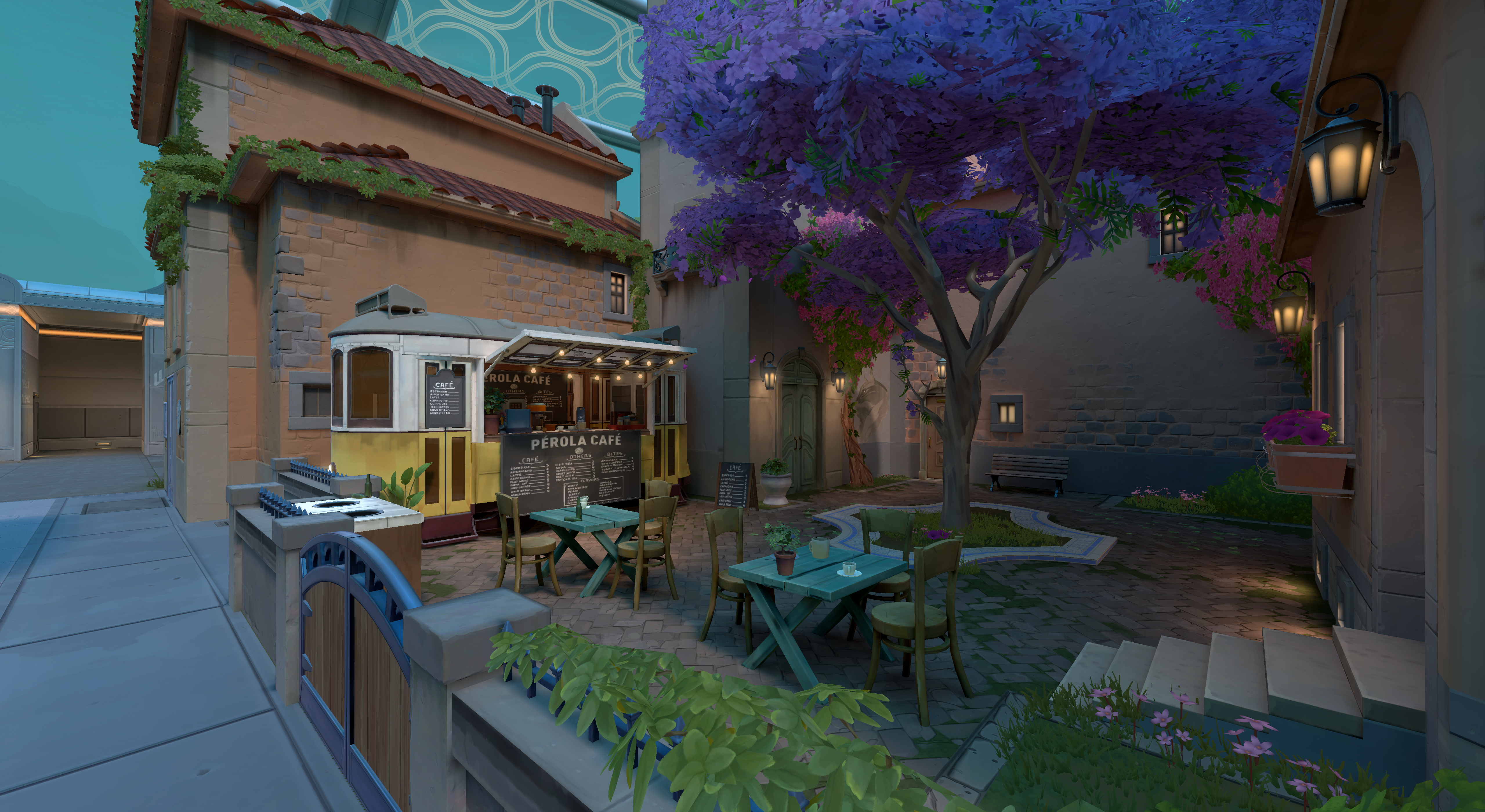 One side of new Valorant map, PEARL, is shown, and a cafe with chairs, tables, and blossoming trees can be seen.