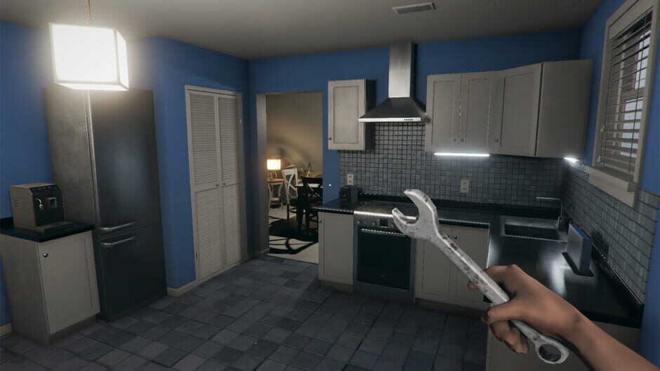 A player holding a wrench/spanner overlooks the interior of a blue kitchen in House Flipper.