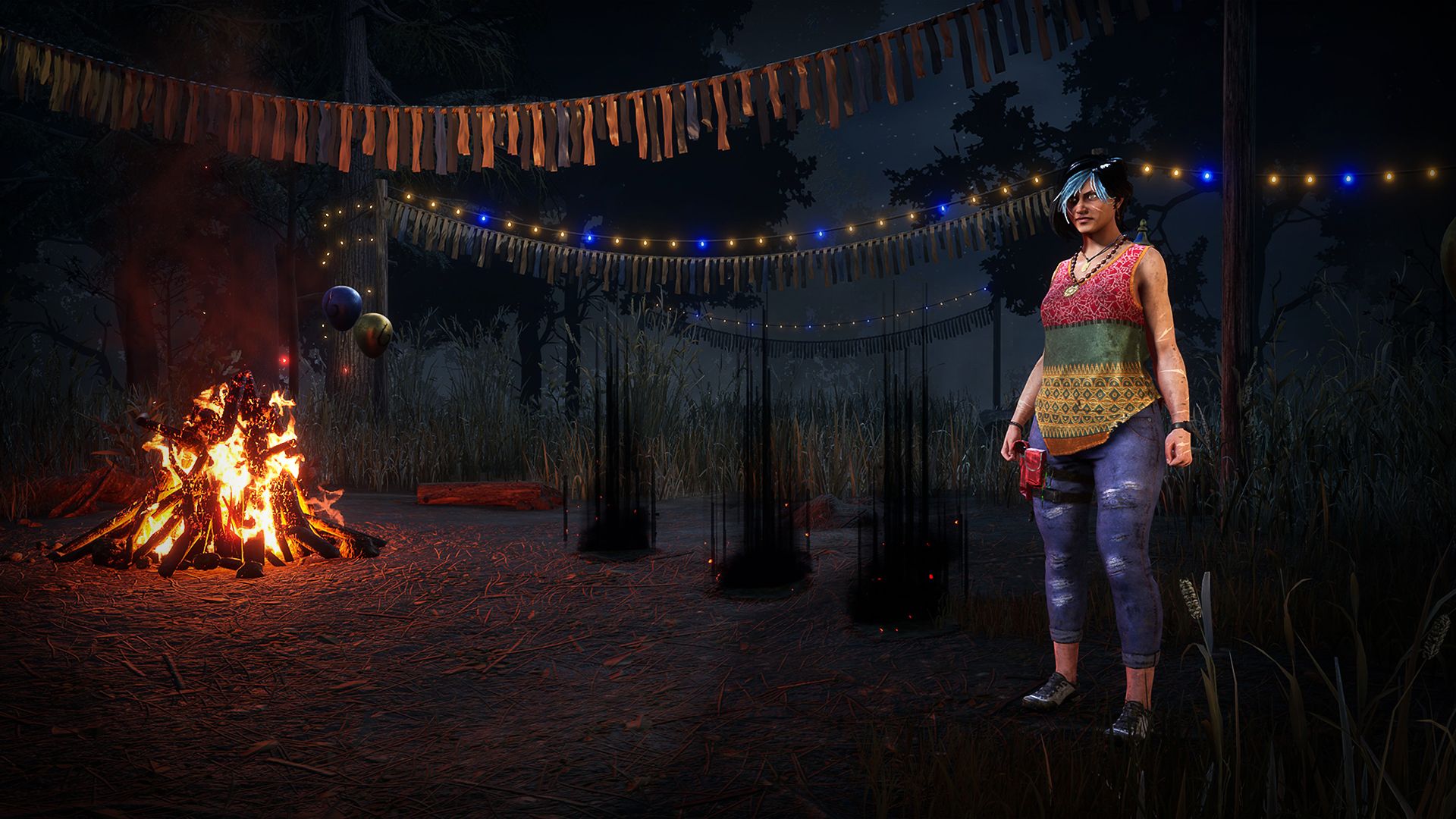 The lobby and campsite in Dead by Daylight, decorated for the sixth anniversary Twisted Masquerade event.