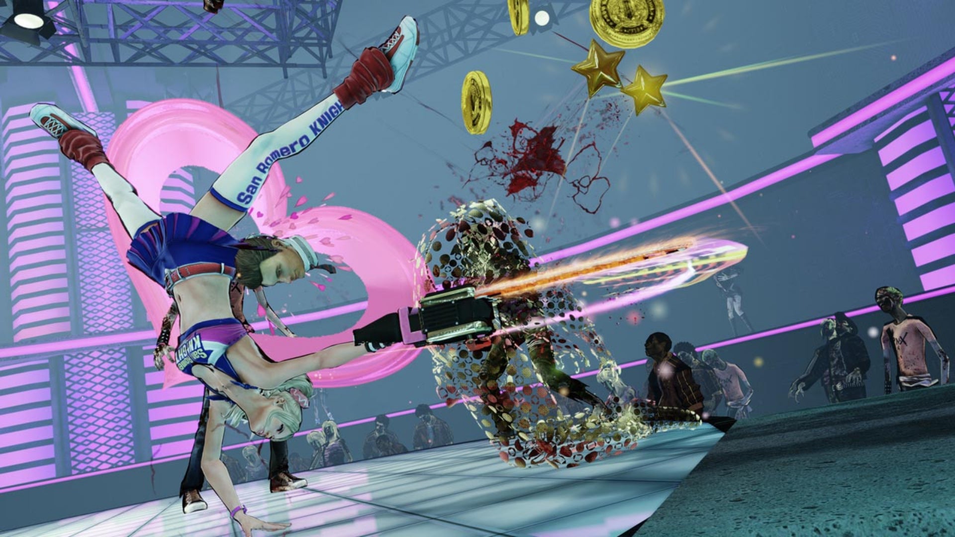 Juliet hacks off someone's head with her chainsaw while upside down, in Lollipop Chainsaw.