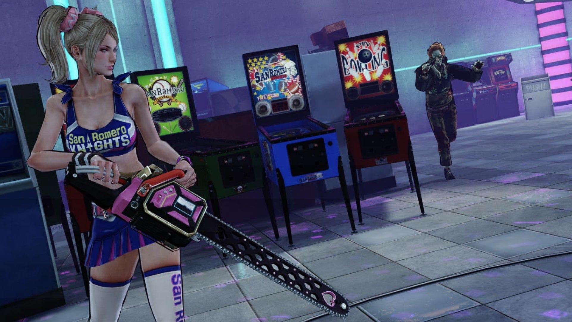 Juliet of Lollipop Chainsaw stands in front of four arcade machines while a zombie approaches.