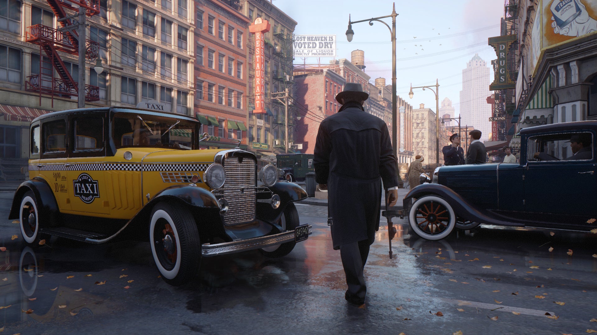 A character walks through a fictional city that resembles 1930s Chicago in Mafia: Definitive Edition artwork