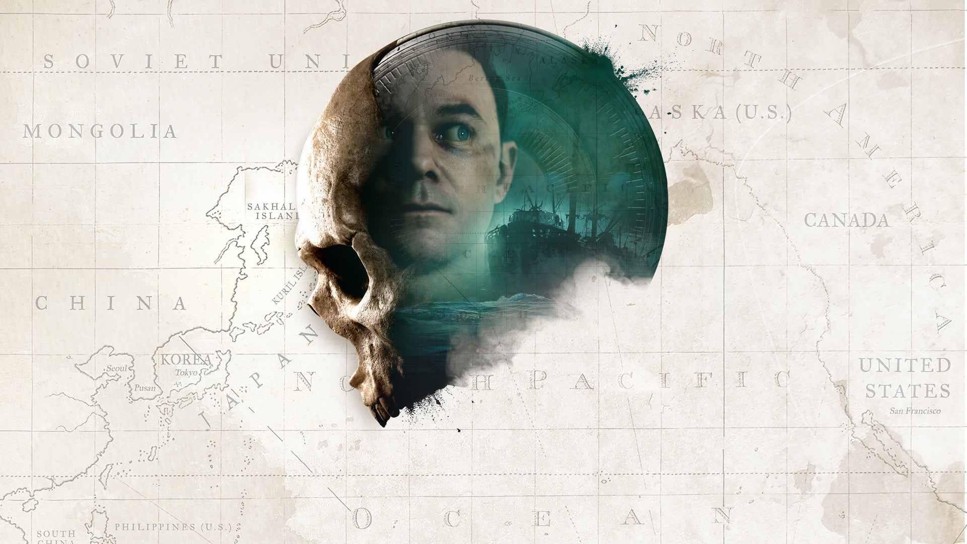 Artwork for the Man of Medan instalment in The Dark Pictures Anthology; a map is shown with a skull over it, and Conrad's face can be seen inside of the skull.