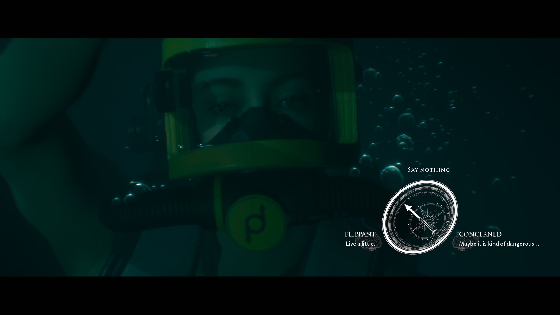 Julia is diving underwater in Man of Medan, choosing whether to be flippant or concerned.