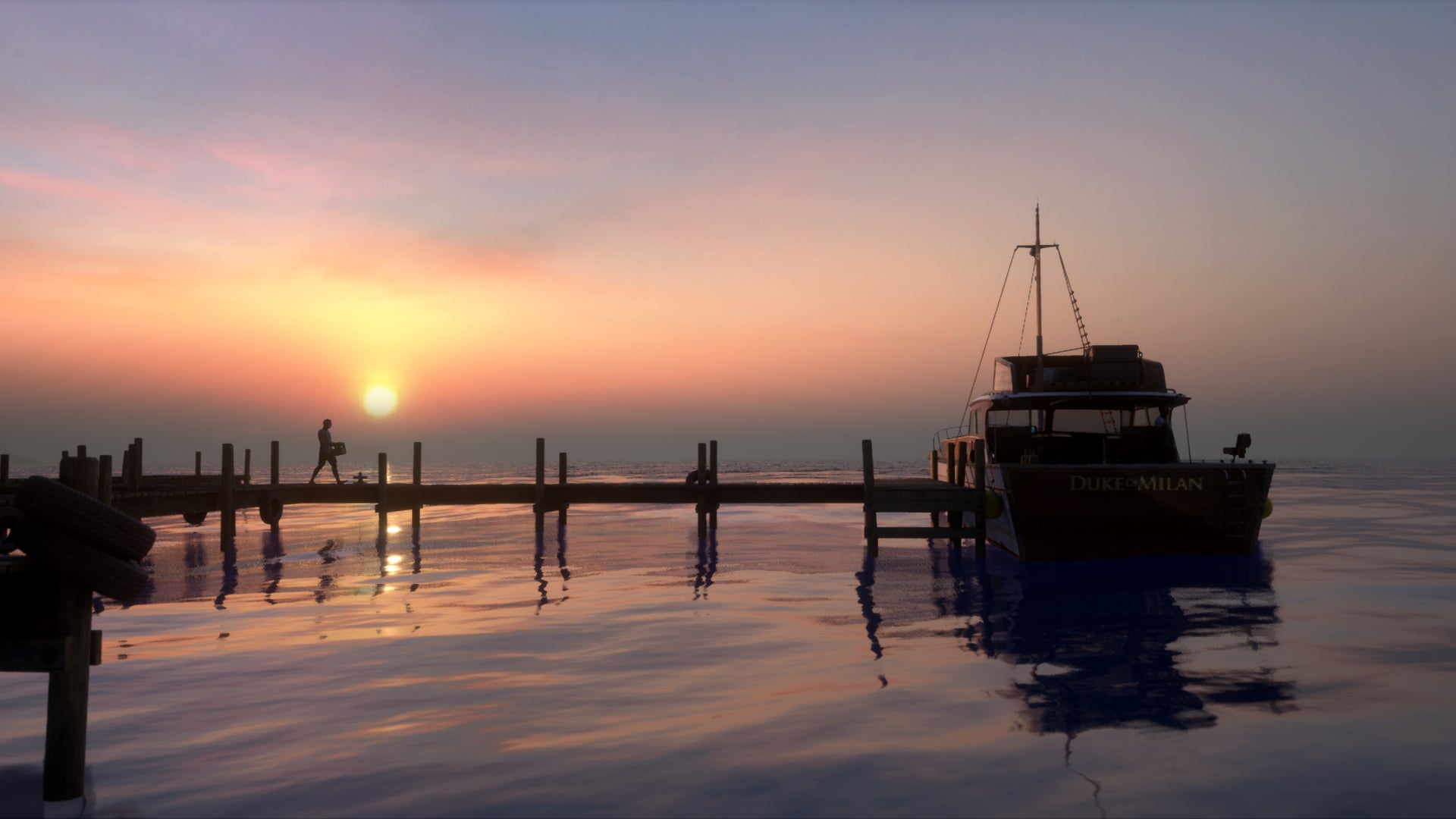 The Duke of Milan boat is shown at the end of the dock, with a sunset overhead, in Man of Medan.