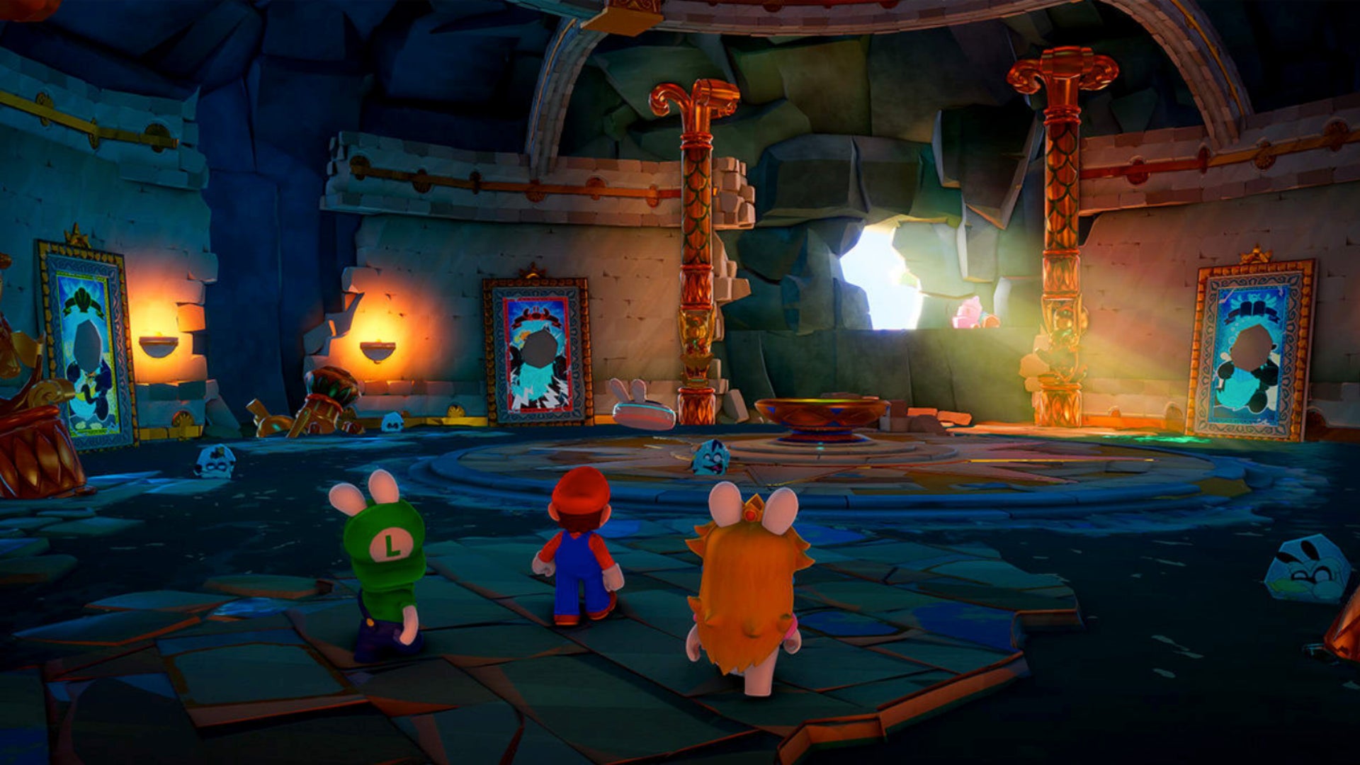 Mario, Rabbid Peach, and Rabbid Luigi all enter a ruined room in Mario + Rabbids Sparks of Hope.