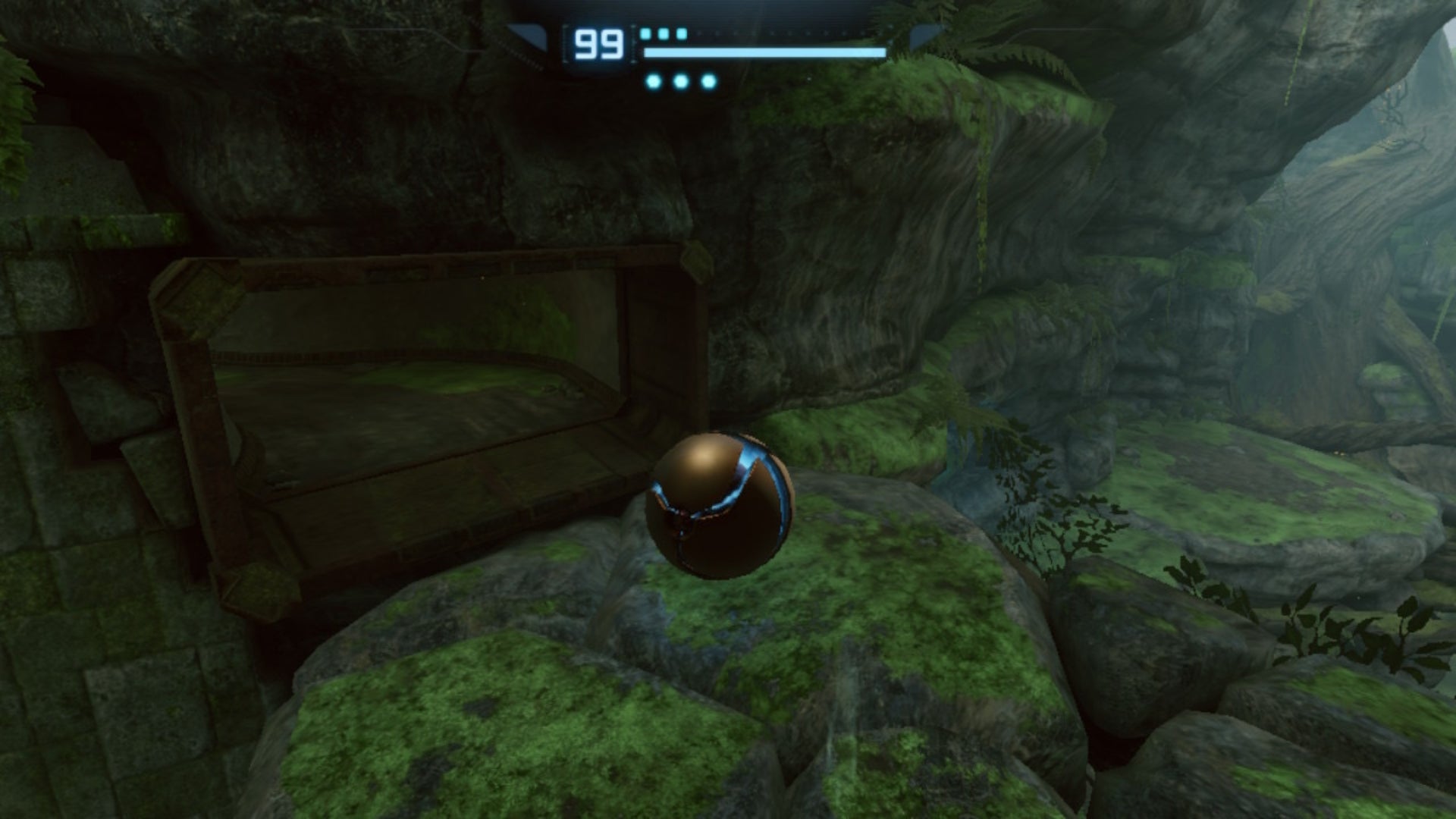 Samus looks at a bombable barrier in Metroid Prime Remastered