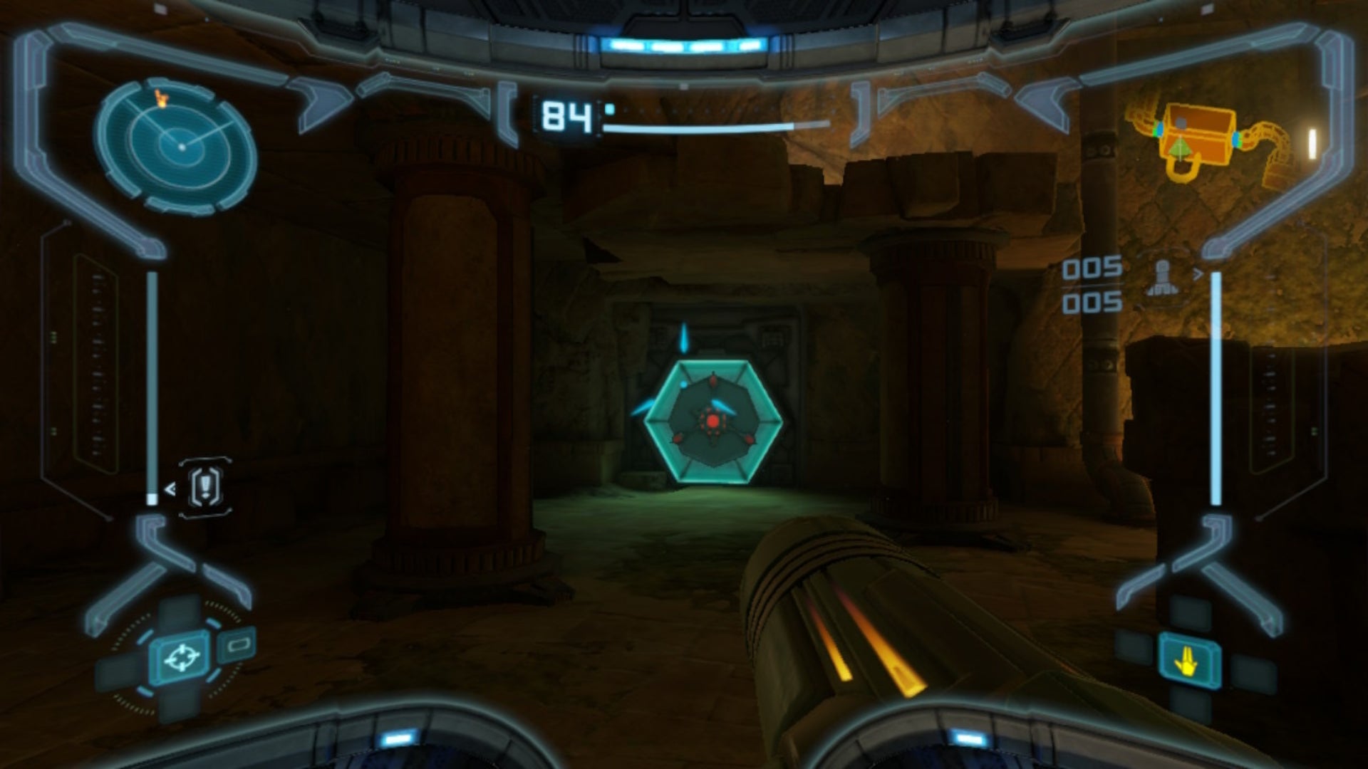 Samus aims at a blast door in Metroid Prime Remastered