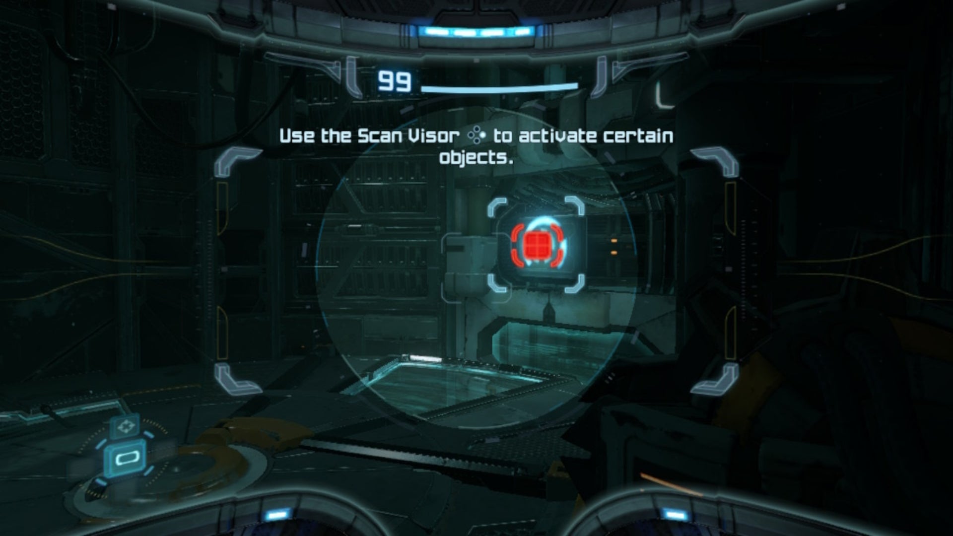 Samus scans a panel for the Deck Beta elevator in Metroid Prime Remastered