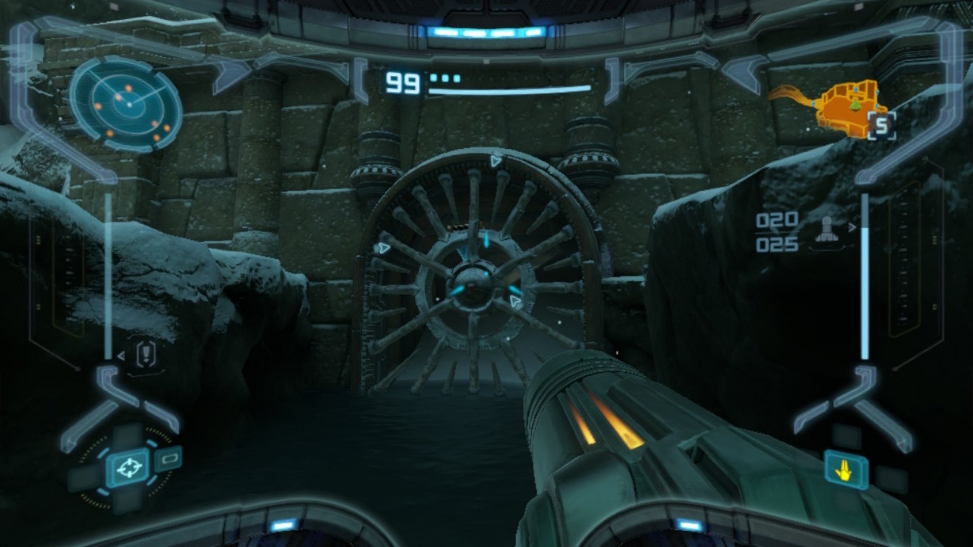 Samus looks at a destroyable gate in Metroid Prime Remastered