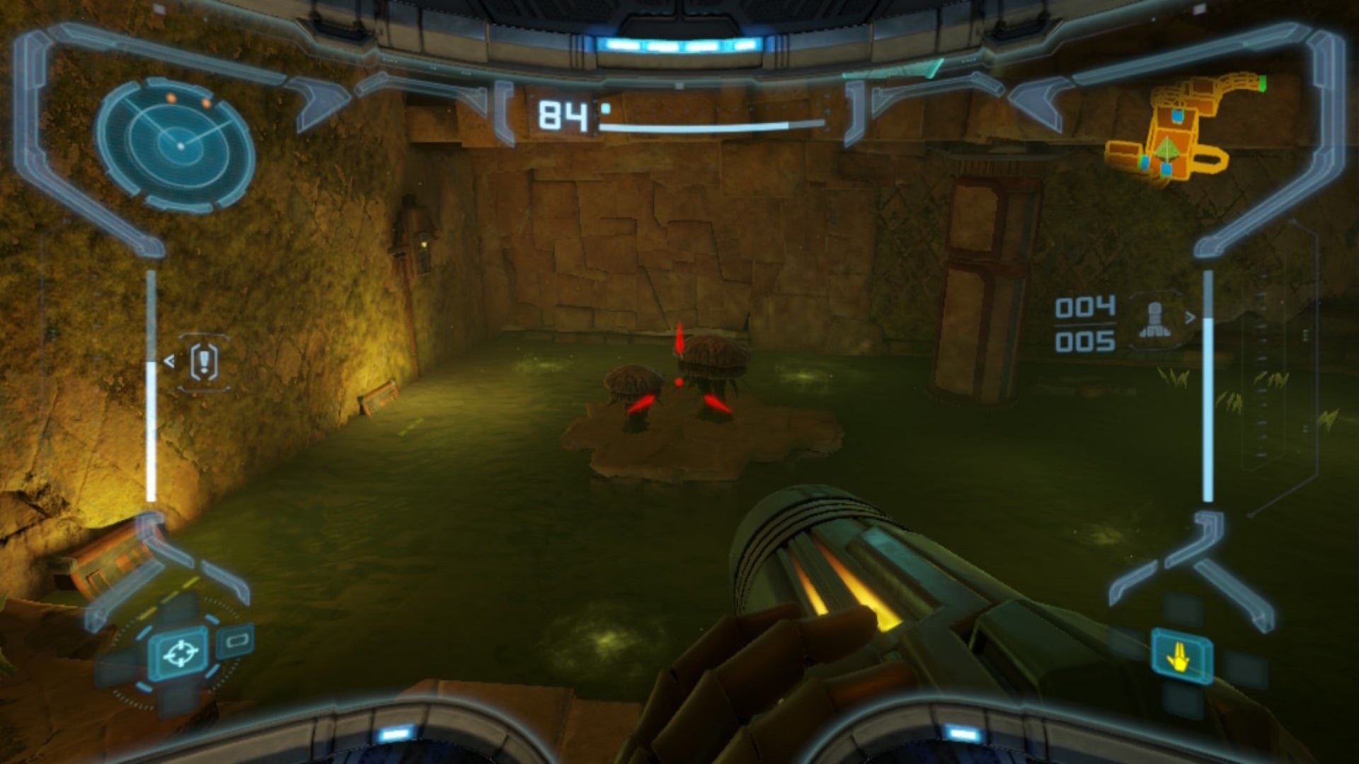 Samus aims at some mushrooms in Metroid Prime Remastered