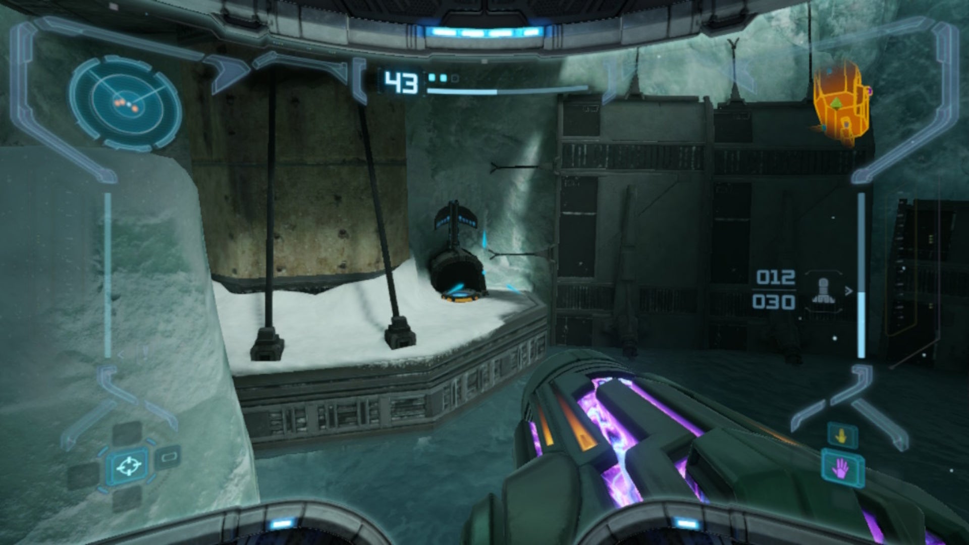 Samus aims at a spinning slot for the morph ball in Metroid Prime Remastered