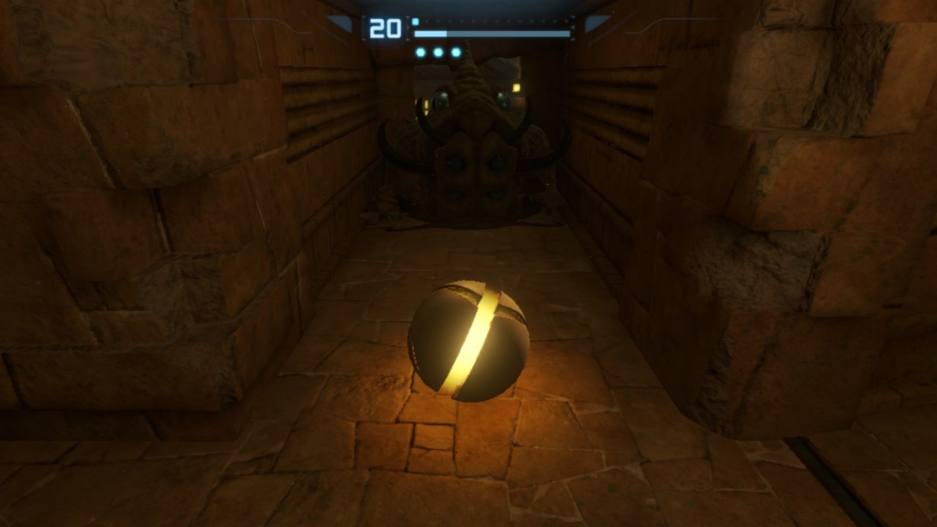 Samus looks at the Stone Toad in Metroid Prime Remastered
