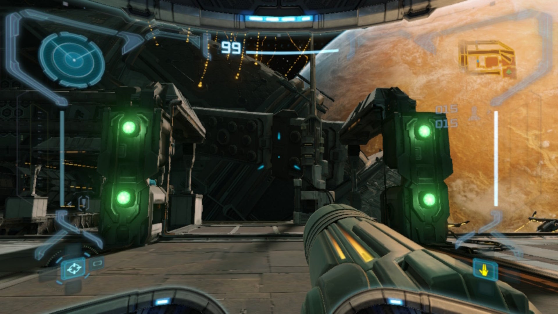 Samus fires at four targets to remove a barrier in Metroid Prime Remastered