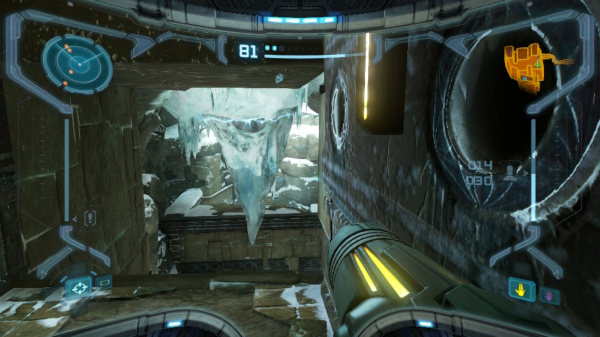 Samus aims at stalactite in Metroid Prime Remastered