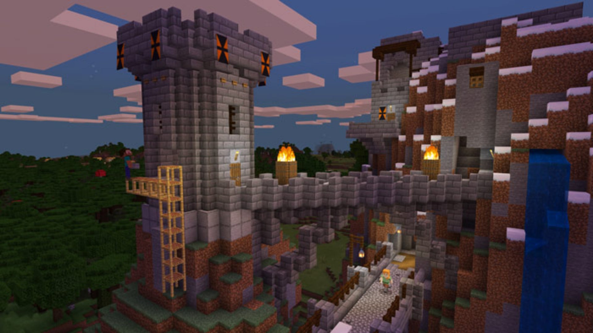 A Minecraft castle built into a cliff with cobblestone is shown, the sun is setting.