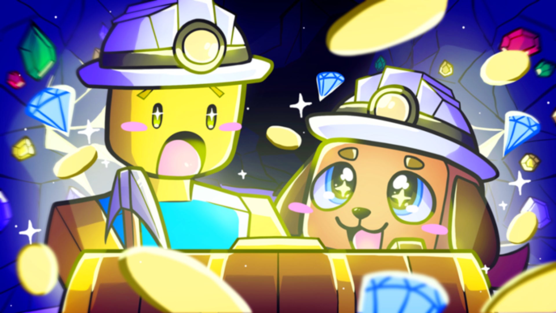 Mining Simulator 2 Original Roblox Art, a character dressed as a Miner is looking at a treasure chest next to their pet dog who is wearing a helmet