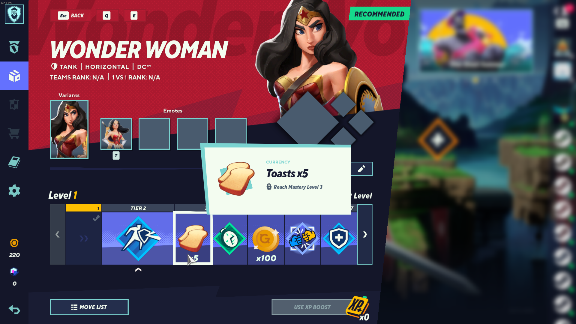 Wonder Woman's pass in MultiVersus is shown, which includes 5x toast at level 3.