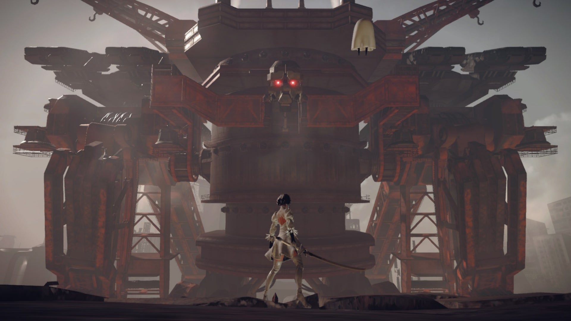 2B looks up at an early-game boss in NieR:Automata