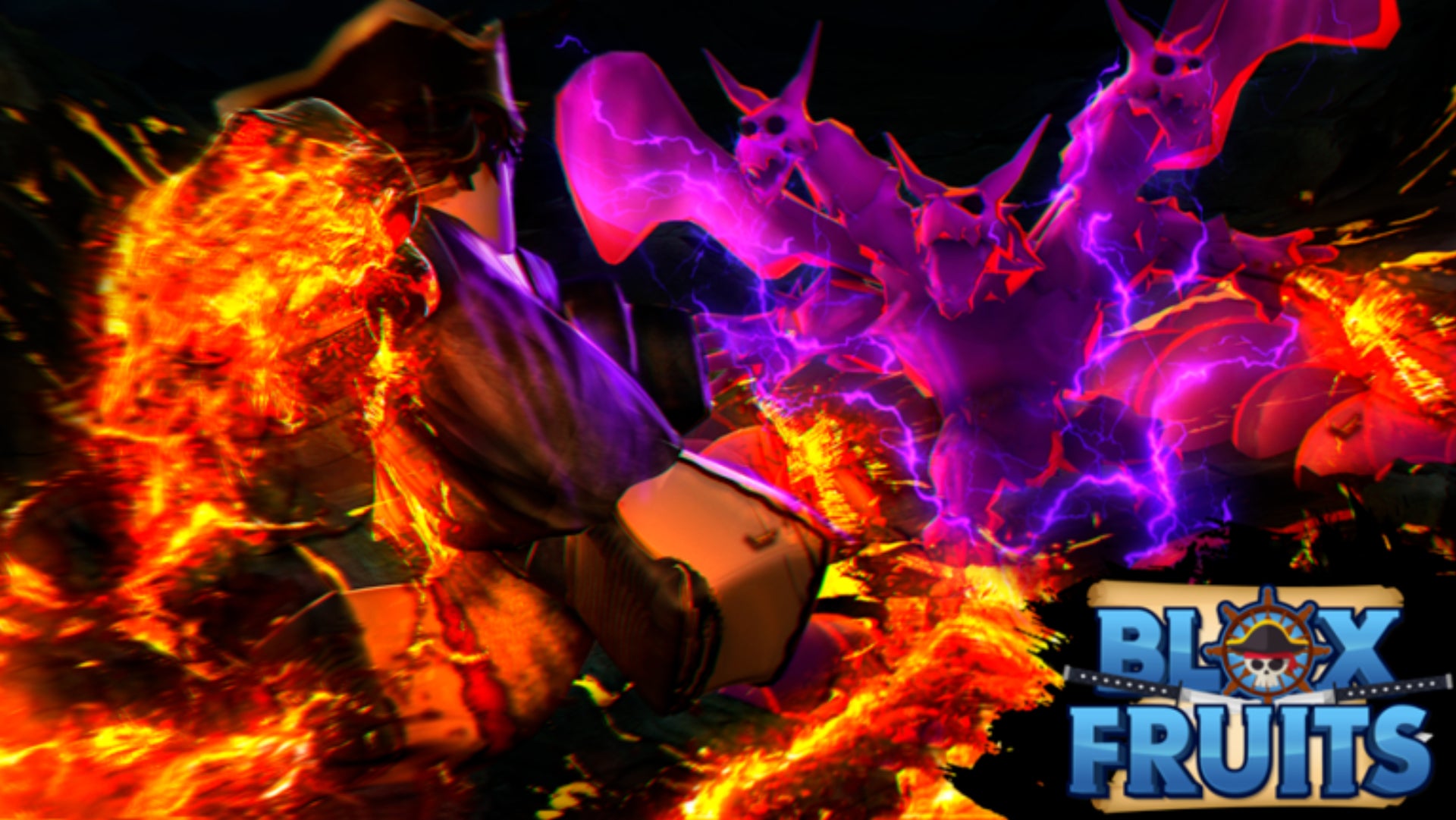 Roblox official Blox Fruits artwork, a purple creature is facing a pirate engulfed in flames