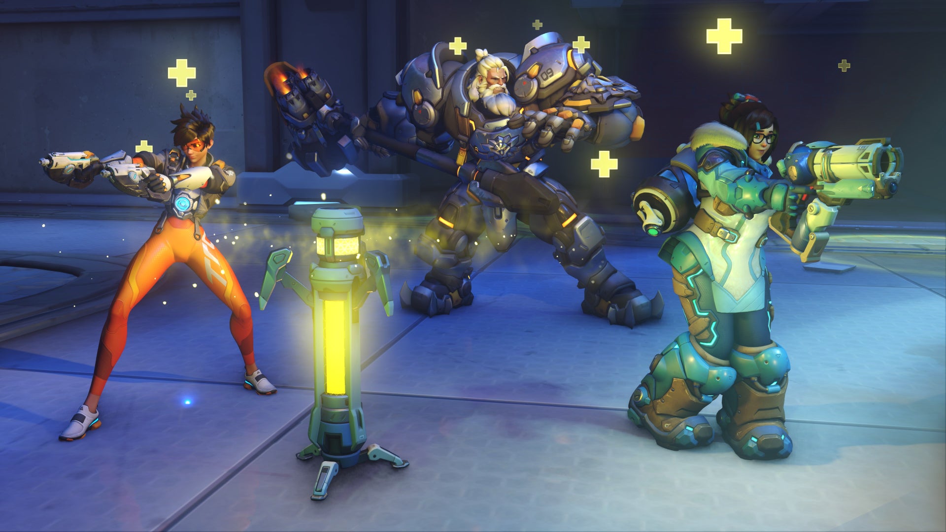 Tracer, Reinhardt, and Mei in Overwatch 2