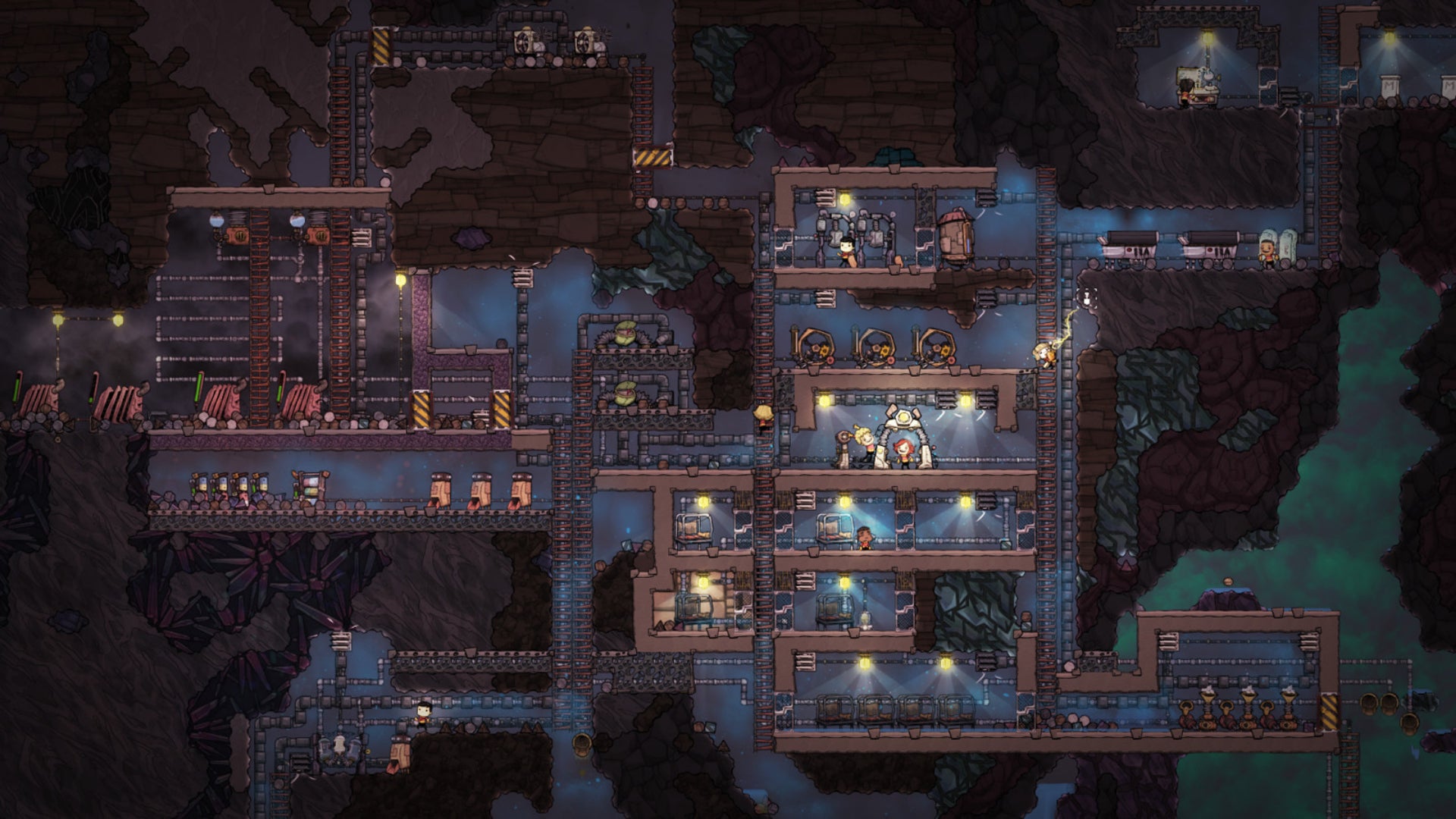 A view of someones base in Oxygen Not Included, with multiple dupes hard at work.