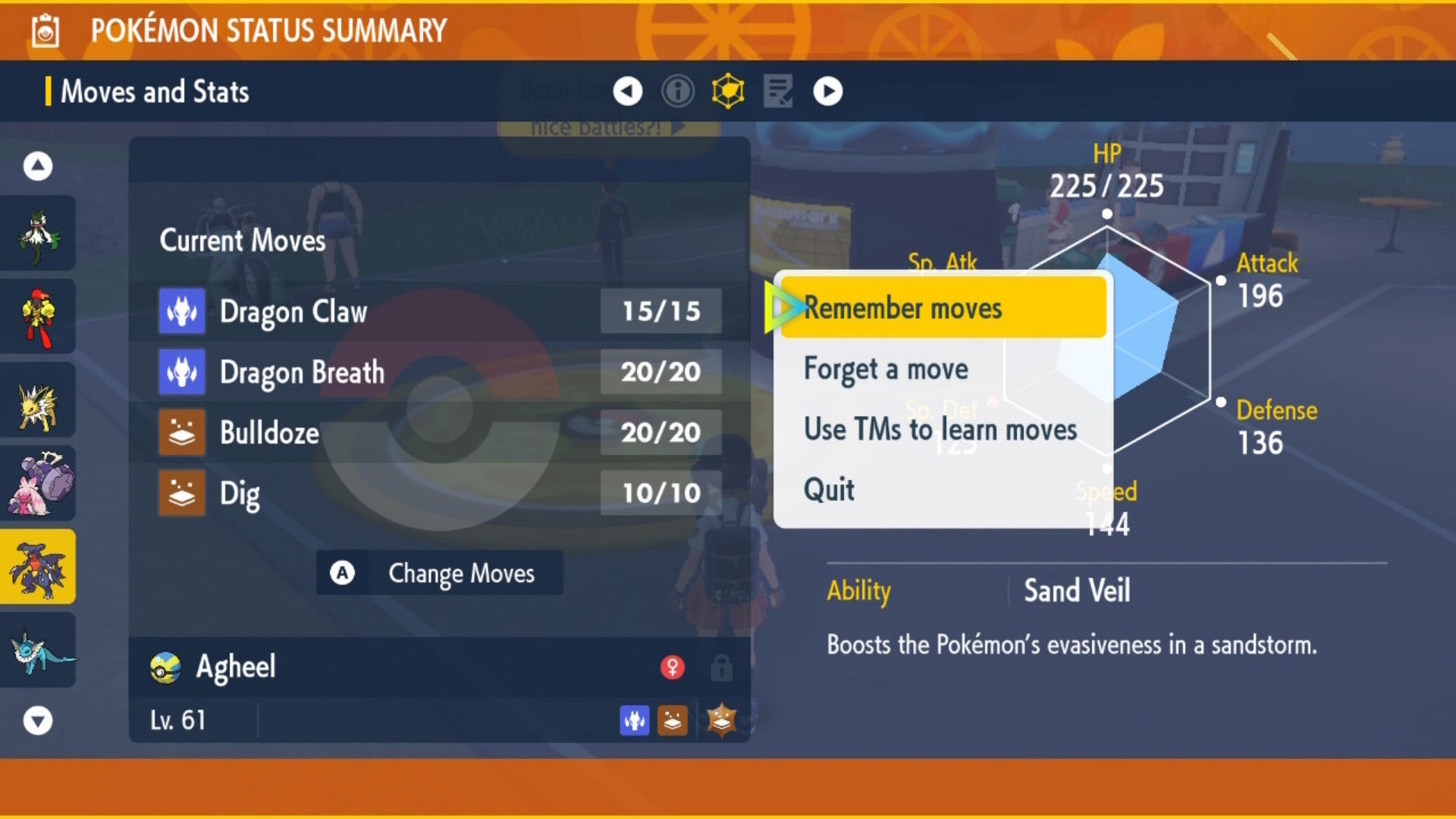 The page for changing and relearning moves under Pokemon summary in Pokemon Scarlet and Violet