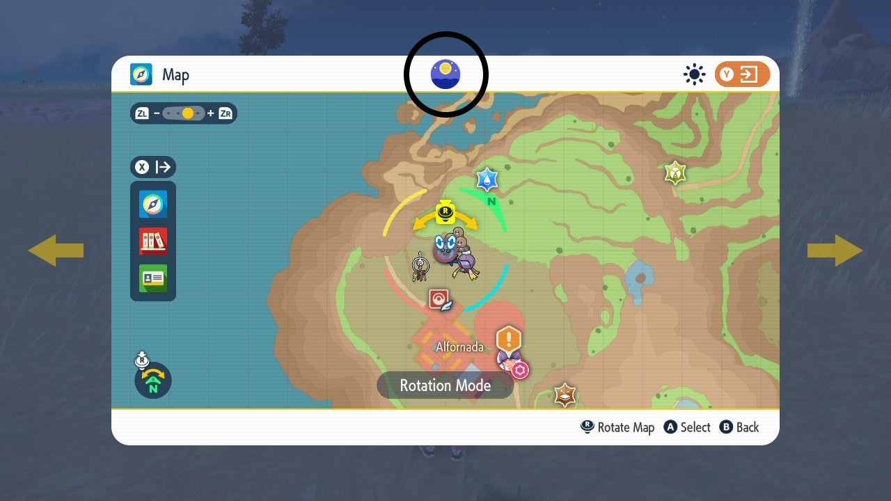 The map in Pokemon Scarlet and Violet, with the time of day circled