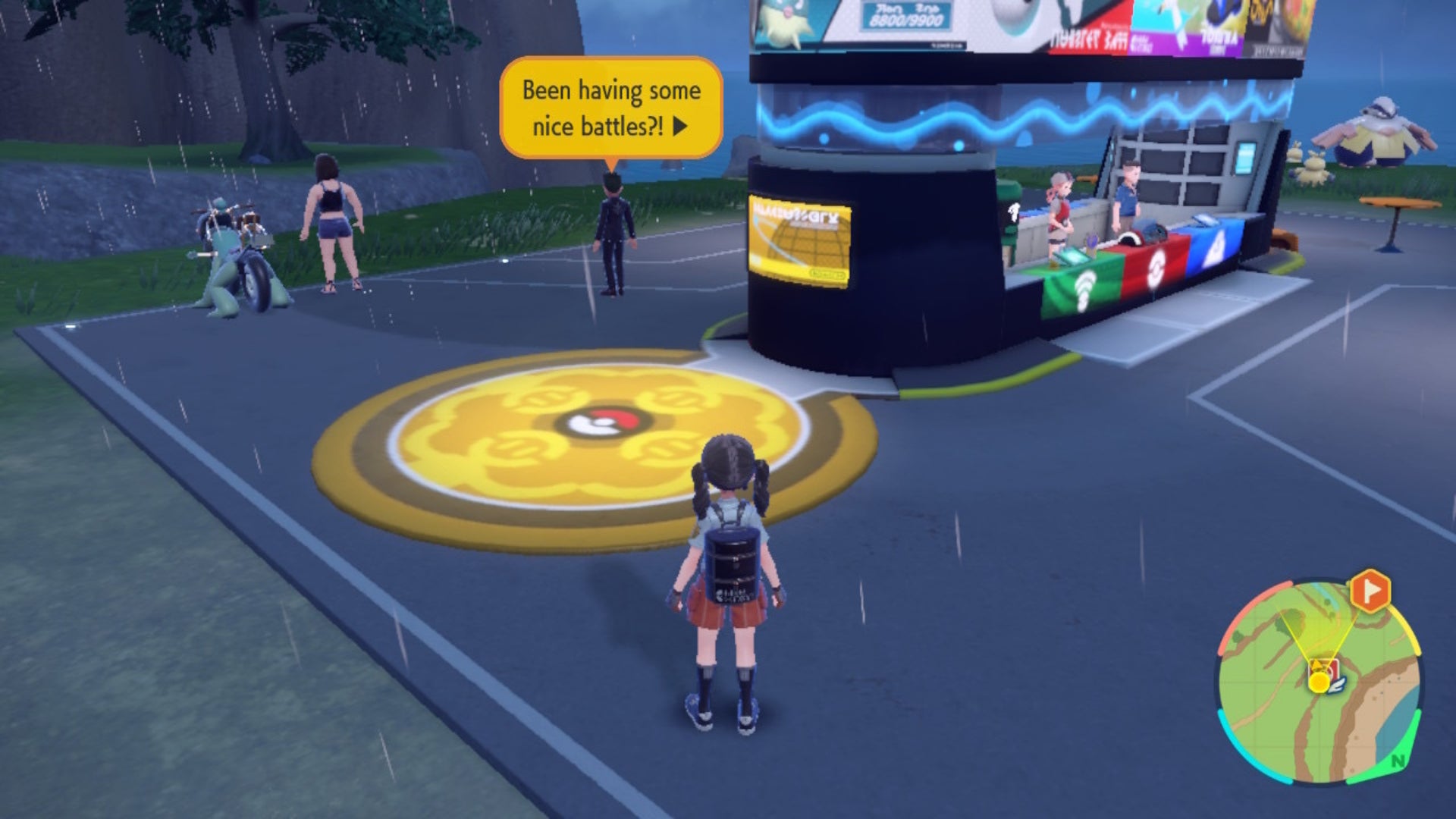 A player faces the Union Center at a Pokemon Center in Pokemon Scarlet and Violet