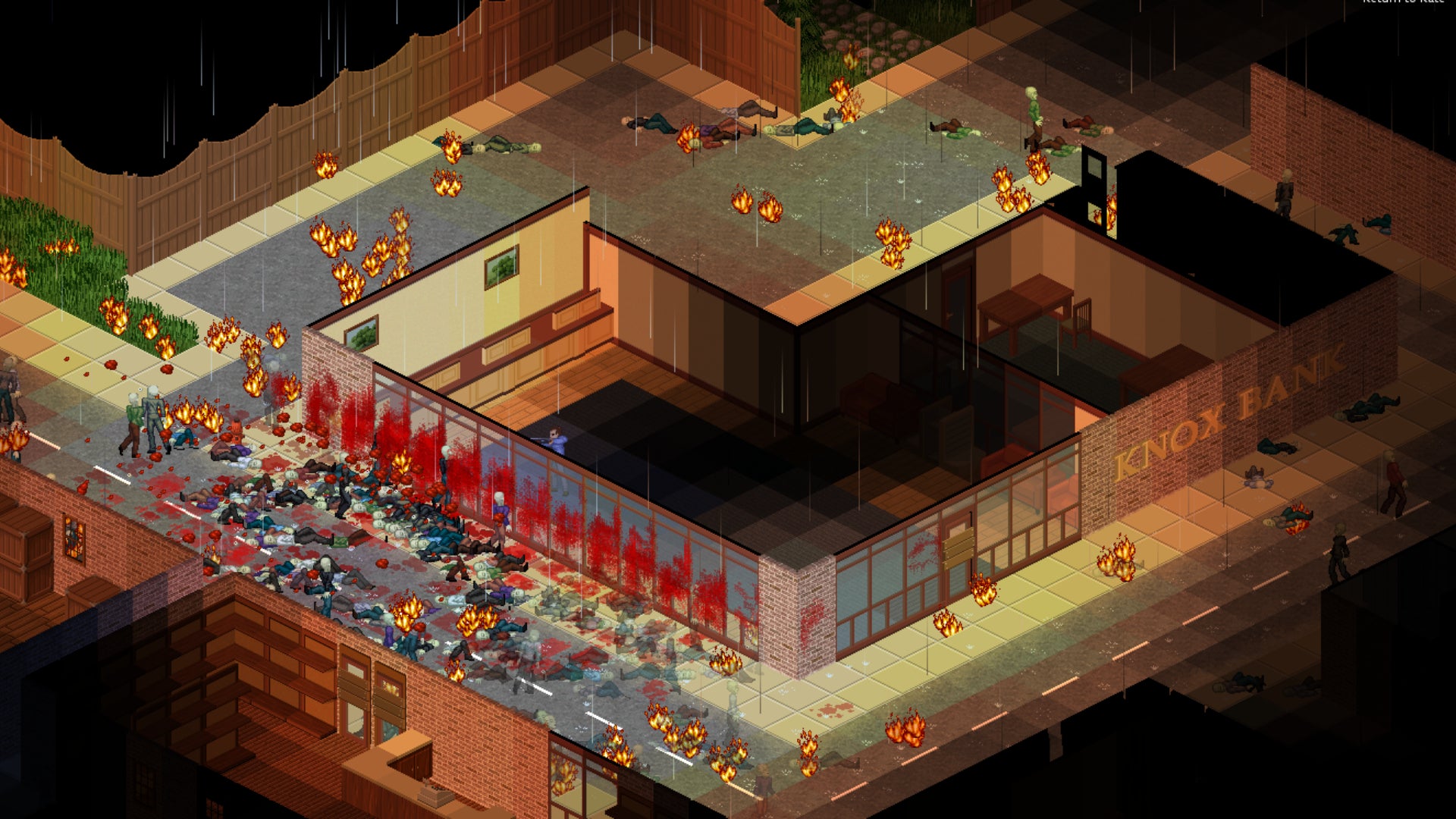 A player overlooks the aftermath of slaying a zombie horde indoors in Project Zomboid.
