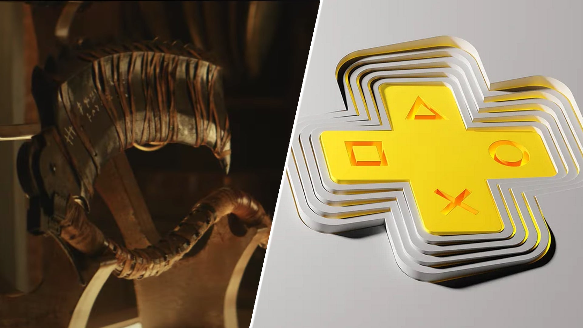 PS Plus logo and Bloodborne weapon