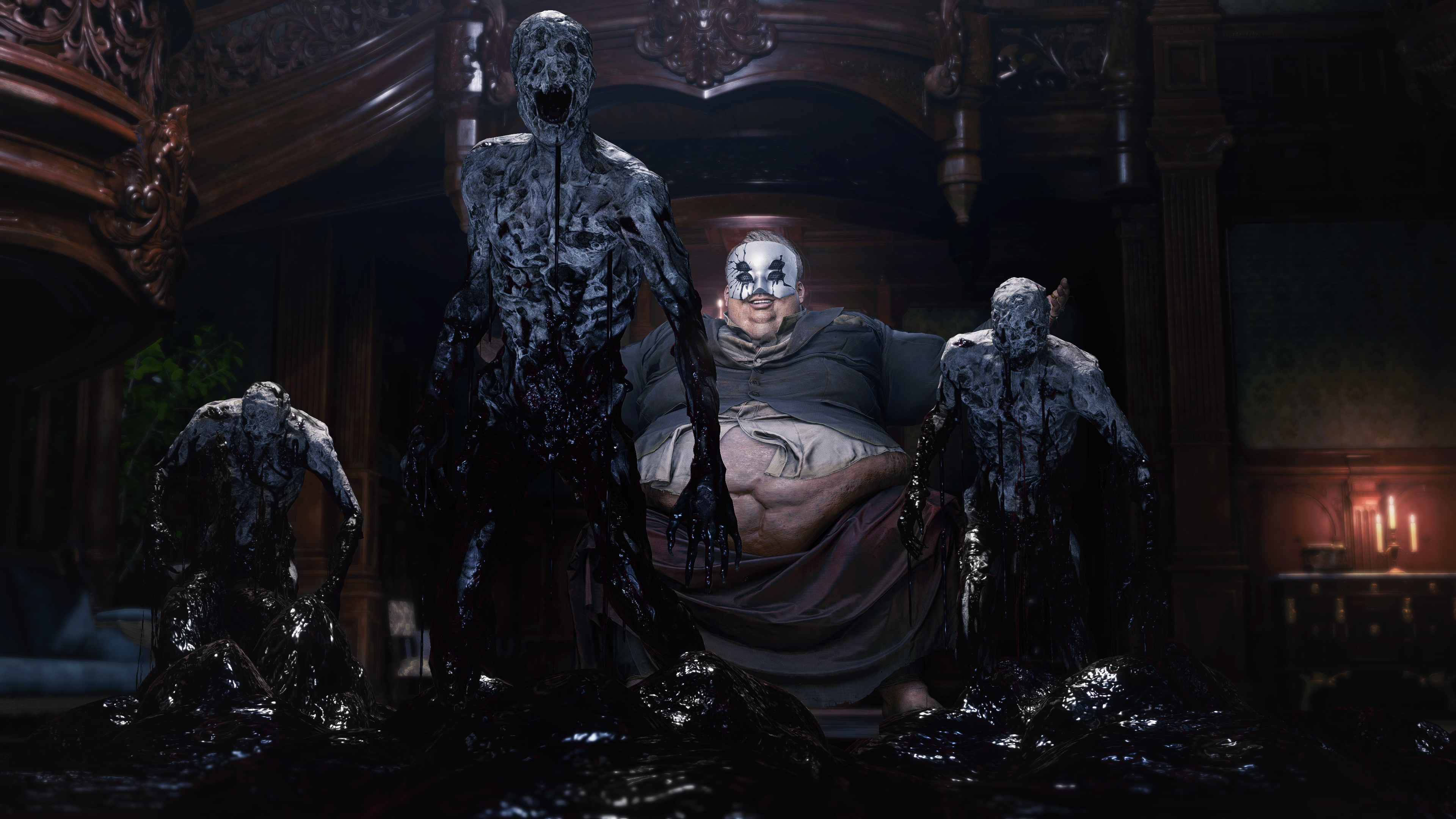 The Duke and enemies are shown in  in Resident Evil Village DLC, Shadows of Rose.