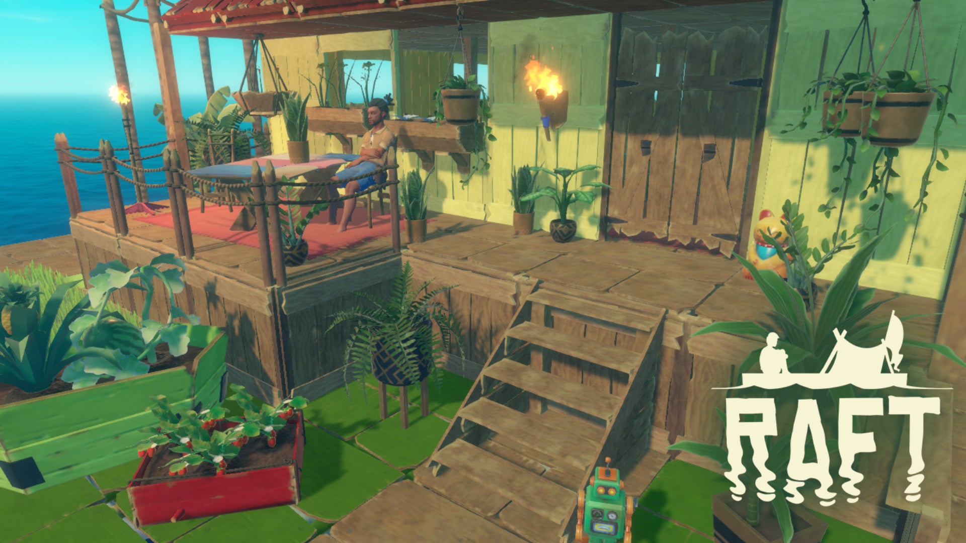 The entrance to someone's raft in Raft is shown; it is painted yellow and surrounded by plants and crops.