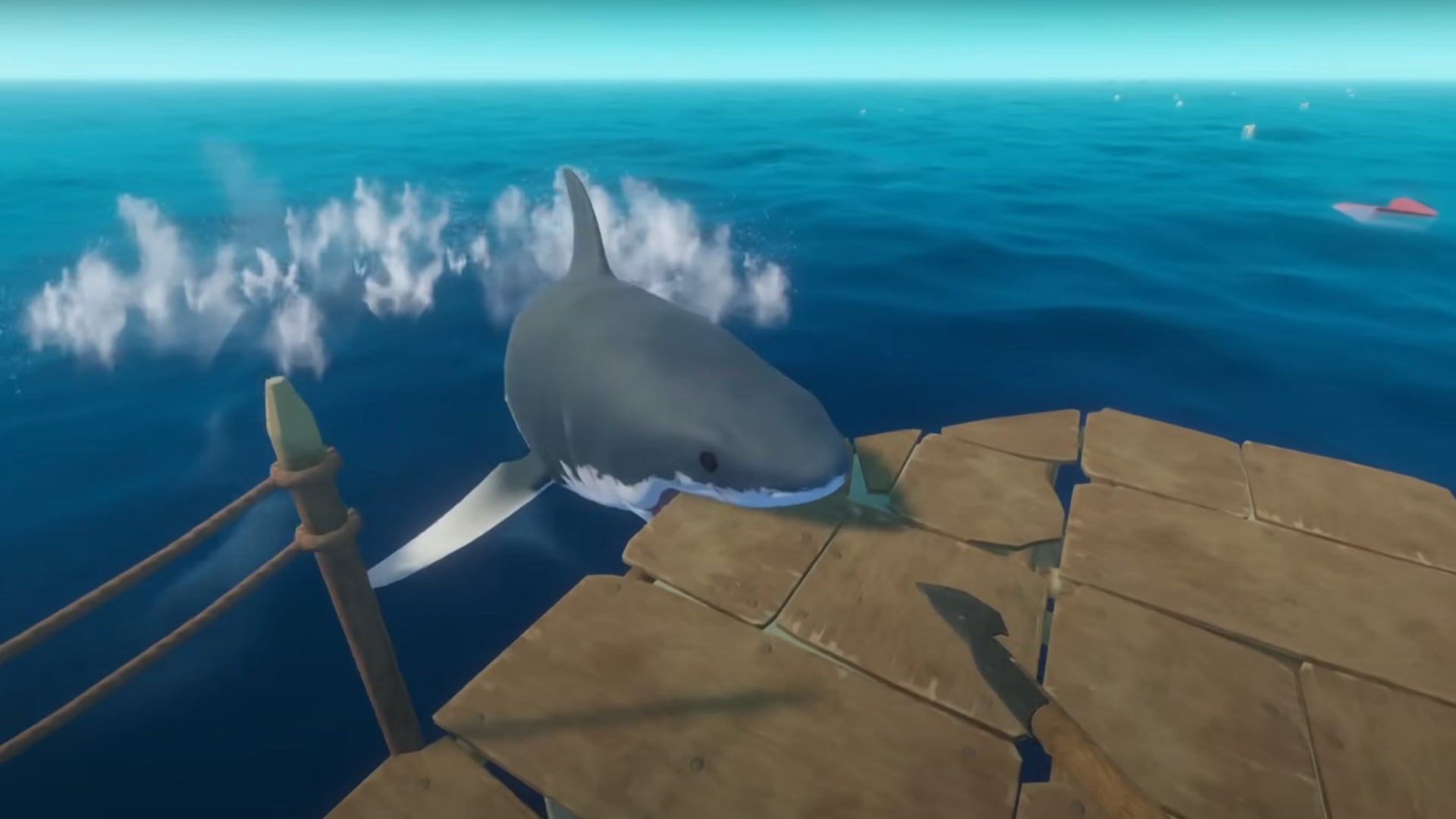 A shark can be seen attacking a beginner's raft in Raft.