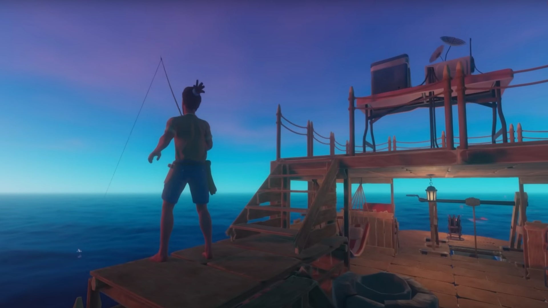 A character can be seen fishing off the edge of their raft at sunset in Raft.