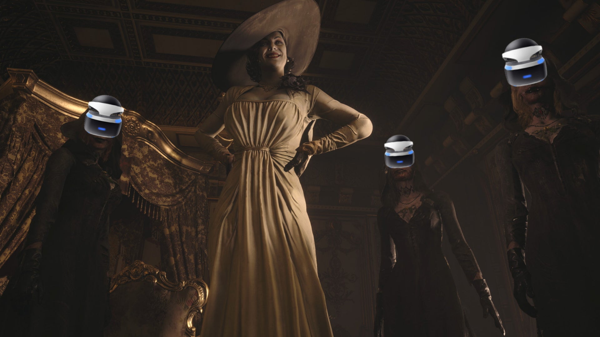 Lady Dimitrescu is surrounded by her daughters in Resident Evil Village, who are all wearing PSVR 2 headsets