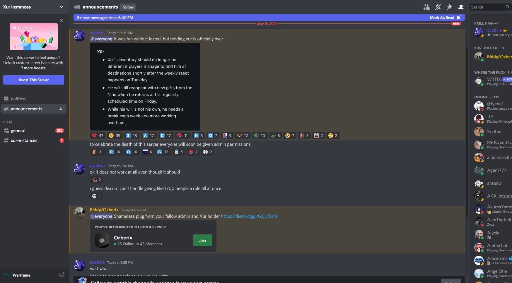 The announcement post that initiates the Xur Instances Discord Party.