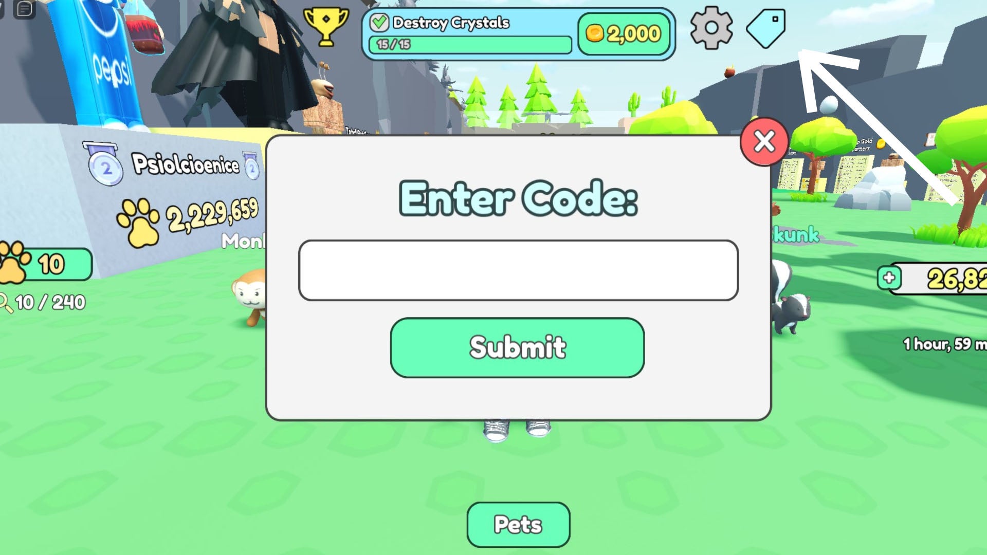 Roblox Collect All Pets code redemption menu, an arrow is pointing to the code redemption icon at the top of the screen.